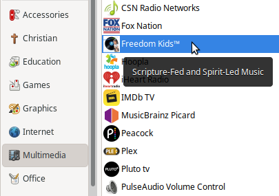 Freedom Kids showing in (a sample) Multimedia sub-menu