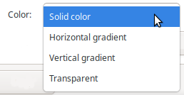 Color: Solid color, Horizontal gradient, Vertical gradient, Transparent