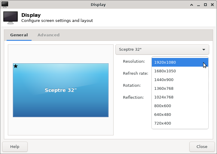 Display dialog box Resolution settings