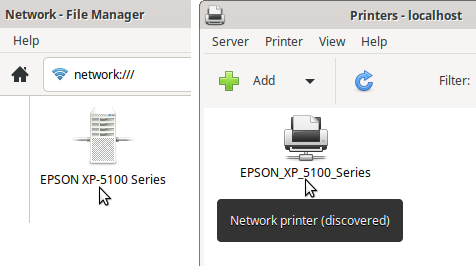Shared printers show on the network and are available to print to
