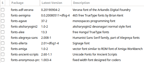 A sample of over 500 font packages available through Synaptic