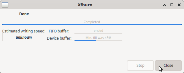 Xfburn progress bar shows the ISO to DVD burn is Complete