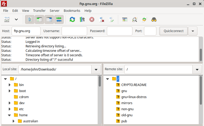 FileZilla logged into ftp.gnu.org