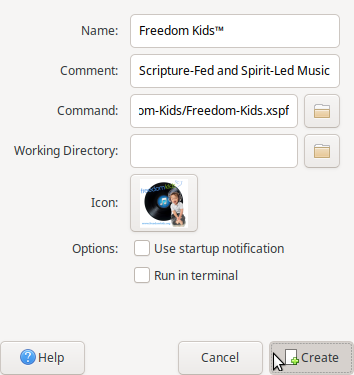 Fill out the Create Launcher pop-up form with Name, Comment, Command and choose an Icon