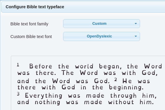 The newly added font is displayed in the example Bible text