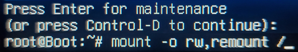 Press the [Enter] key for maintenance
Type: mount -o rw,remount /