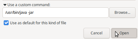 Use a custom command:
/usr/bin/java -jar
Use as default for this kind of file
[Open]