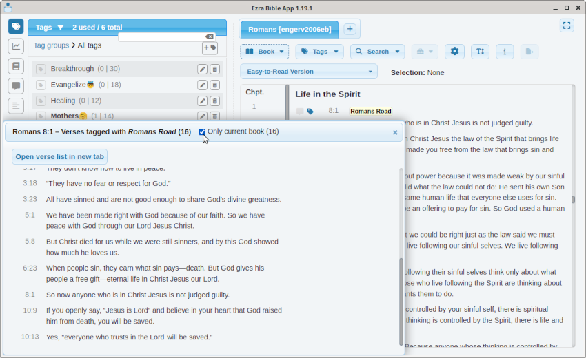 The Ezra Bible App is a Keyword / Tag focused Application using the SWORD Library